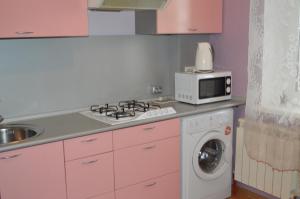 スモレンスクにあるApartments on Generala Paskevichaのピンクのキッチン(電子レンジ、洗濯機付)