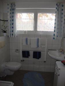 ein Bad mit einem WC, einem Waschbecken und einem Fenster in der Unterkunft Appartementhaus Residenz Duenengarten in Kühlungsborn