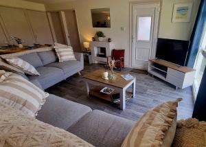 a living room with a couch and a tv at 19 the Coombe Charming, 2-Bedroom Family Chalet with Parking, Near Bude Beaches in Bude