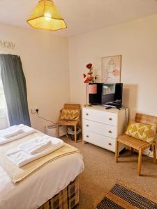 a bedroom with a bed and a tv on a dresser at 19 the Coombe Charming, 2-Bedroom Family Chalet with Parking, Near Bude Beaches in Bude +4 photos
