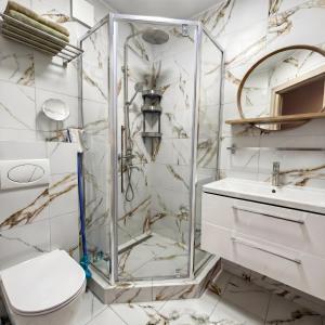 a bathroom with a shower and a toilet and a sink at Dimo Cozy Apartments Chisinau Moldova Centre Airport in Chişinău