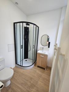 a bathroom with a glass shower and a toilet at LD Atmosphère in Saint-Quentin