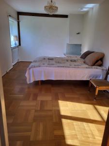 a bedroom with a large bed and a wooden floor at Torseke Hostel in Kristianstad