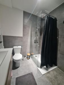 a bathroom with a shower with a toilet and a shower curtain at Keo Home in Arbent