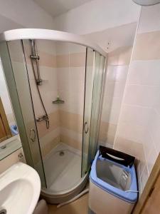 a bathroom with a shower and a toilet and a sink at Polo Resort studio in Sunny Beach +6 photos