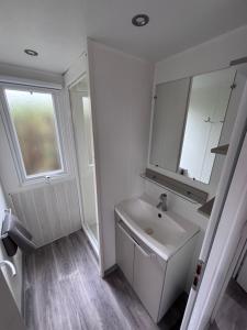 a white bathroom with a sink and a mirror at Schilke24 - A017 in Boofzheim