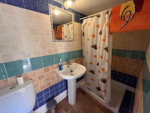 a bathroom with a sink and a toilet and a mirror at Refugio del Mundo in Riópar +11 photos