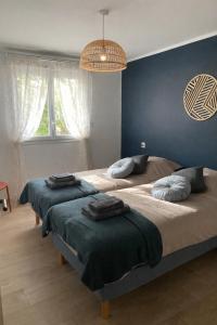 two beds in a bedroom with a blue wall at La Campagnarde in Pargny
