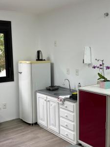 a kitchen with a refrigerator and a sink at Estúdio com suíte super confortável no centro in Ijuí