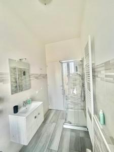 a white bathroom with a shower and a sink at Alloggio Nala 6 in Biella +16 photos