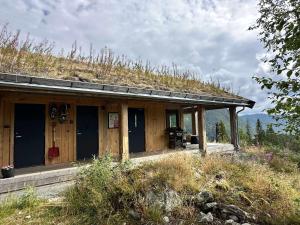 a building with a grass roof on top of a hill at Ravn in Vistad