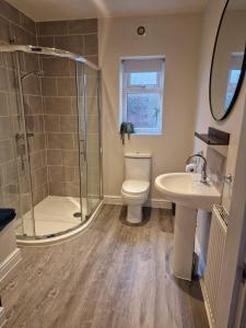 a bathroom with a shower and a toilet and a sink at Honeybee Hideaway in Brompton +19 photos