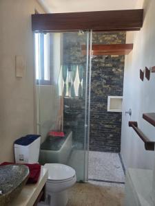 a bathroom with a shower with a toilet and a sink at Condominio Dario 12 in Zihuatanejo