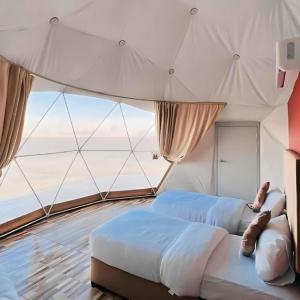 a bedroom with two beds and a large window at Bedouin Life Camp in Aqaba