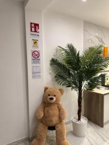 a teddy bear sitting on a chair next to a plant at Savior Deluxe Rooms in Naples
