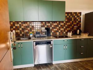 a kitchen with green cabinets and a dishwasher at Nukriani Keiptauni Residence in Sighnaghi