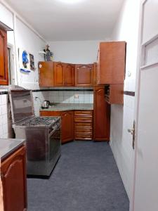 a kitchen with wooden cabinets and a stove at النور للاستثمار العقاري بالمنيل in Cairo