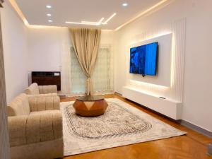 a living room with a couch and a tv on a wall at النور للاستثمار العقاري بالمنيل in Cairo