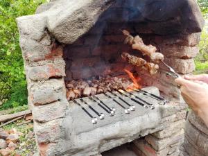 a person is cooking food in a brick oven at Nukriani Keiptauni Residence in Sighnaghi