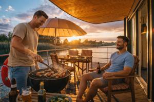 two men are cooking on a grill on a deck at Floatinghouse Dolce Vita - LP10 in Vetschau +15 photos