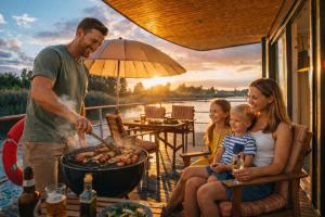 a man cooking food on a grill on a deck at Floatinghouse Grasshopper in Klitten