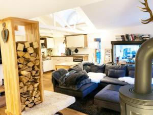 a living room with a couch and a fire place at Ferienhaus Allrode mit Wellness in Allrode