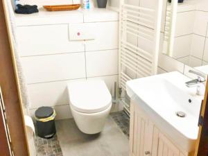 a white bathroom with a toilet and a sink at Ferienhaus Allrode mit Wellness in Allrode +26 photos