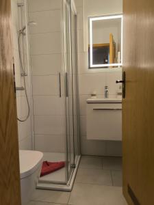 a bathroom with a shower and a sink and a toilet at Ayuna in Langeoog