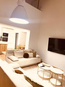 a living room with a couch and a tv at Lemba, apartman 4 zvjezdice in Opuzen