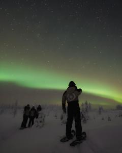 a group of people standing in the snow watching the northern lights at NOA VILLAS Aurora Lapland Resort in Takala