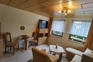a living room with a couch and a table at Finnhütte Tanne in Tanne