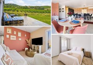 a collage of four pictures of a room with a bed and a table at Maison de charme, Gorges Ardèche et Nature in Vagnas
