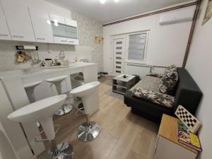 a kitchen and a living room with a couch and a table at AMADA apartman in Vranješ