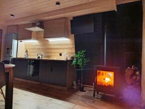 a kitchen with a fireplace in the middle of a room at Lake House Jeziorsko in Ostrów Warcki