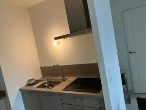 a small kitchen with a sink and a stove at Le 20 Joliot-Studio moderne in Mions +1 photo