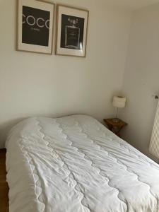 a white bed in a bedroom with two pictures on the wall at Le 20 Joliot-Studio moderne in Mions