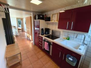 a kitchen with red cabinets and a sink at A short break on Germany's largest island in Garz +36 photos