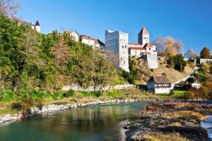 a view of a river with a castle in the background at Entre Galets in Sauveterre