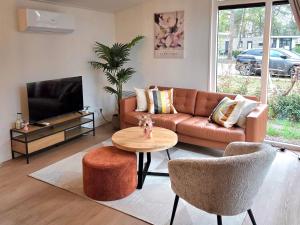 a living room with a couch and a tv at Colibri Huisje in Haarle