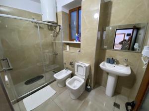 a bathroom with a toilet and a sink and a shower at Guest House Brahimasi in Çorovodë +14 photos