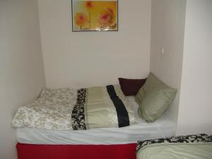 - un lit dans une chambre avec une photo sur le mur dans l'établissement Apartment Natik, à Ax-les-Thermes