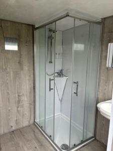 a shower with a glass door in a bathroom at Trevessa camping pod in Saint Erth