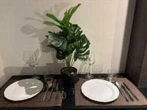 a table with two plates and a potted plant on it at América Executive Apart Hotel Campos - LAMAG in Campos dos Goytacazes
