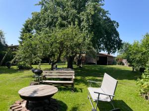 a picnic table and a grill and a table and chairs at Landhaus Maltzien - Auszeit auf dem Land in Maltzien +7 photos