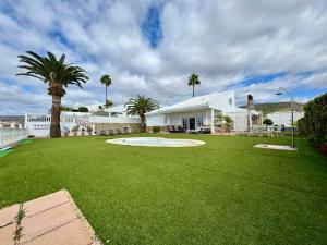 a house with a green yard with a palm tree at Casa Alegria in Puerto Rico de Gran Canaria