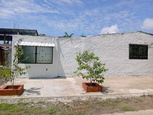 a white building with two trees in front of it at Sabana Africana in Puerto Triunfo