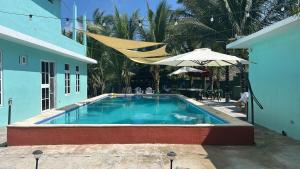a swimming pool with a hammock hanging over it at La casa de Fercho in Sipacate