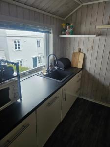 a kitchen with a sink and a window at Koselig enebolig i Sentrum in Egersund +2 photos
