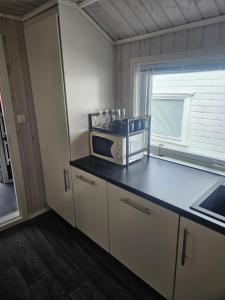a kitchen with a microwave on a counter with a window at Koselig enebolig i Sentrum in Egersund