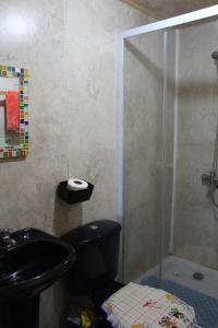 a bathroom with a black toilet and a shower at Cabaña en Caulin 1 in Ancud